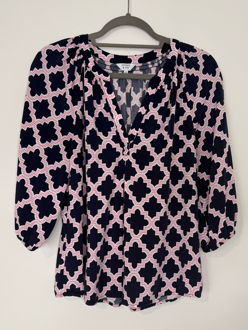 crown & ivy Pink and Navy Geometric Split‑Neck Blouse